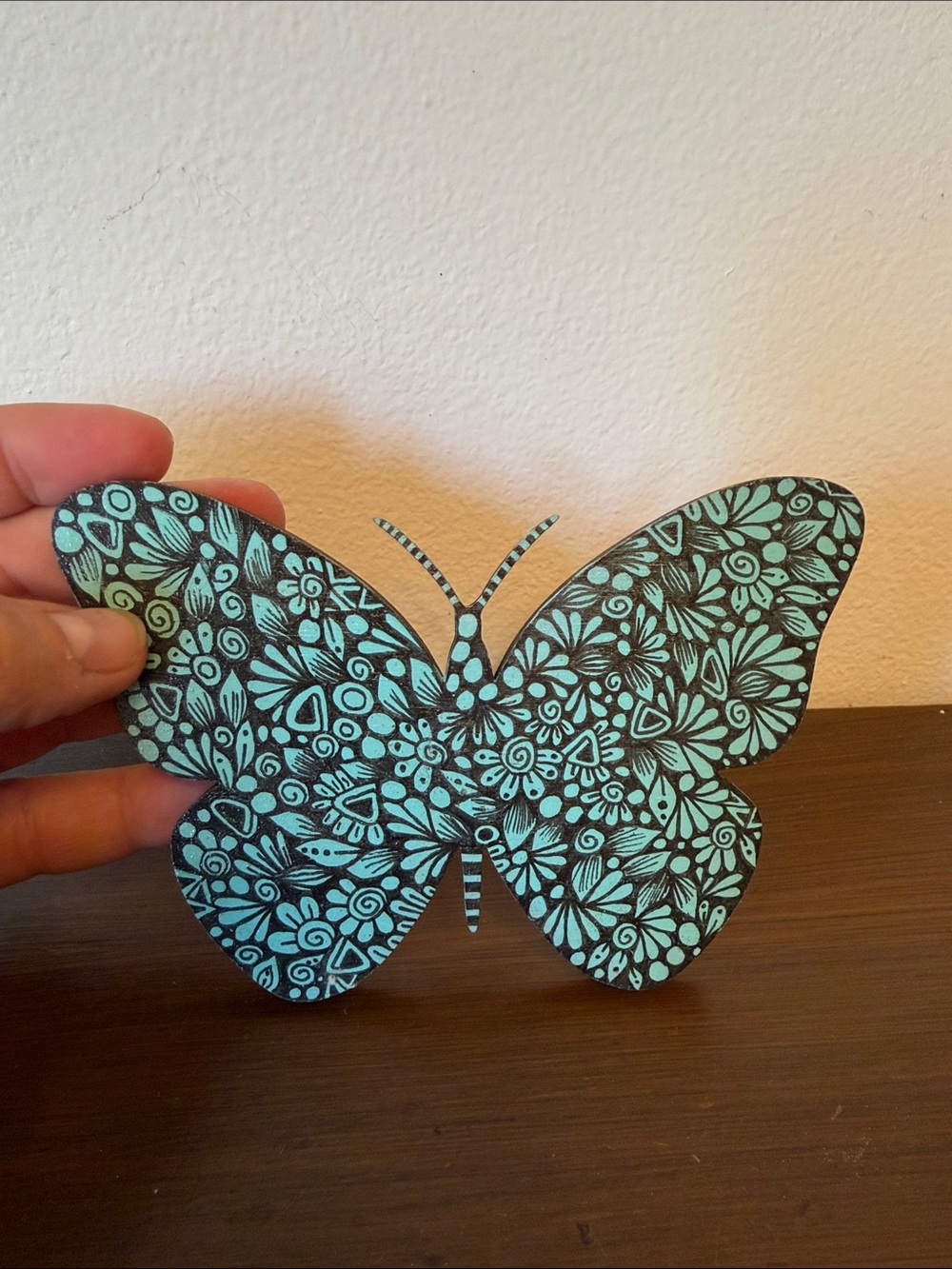 Blue and Black Zentangle Wooden Magnet - HANDMADE